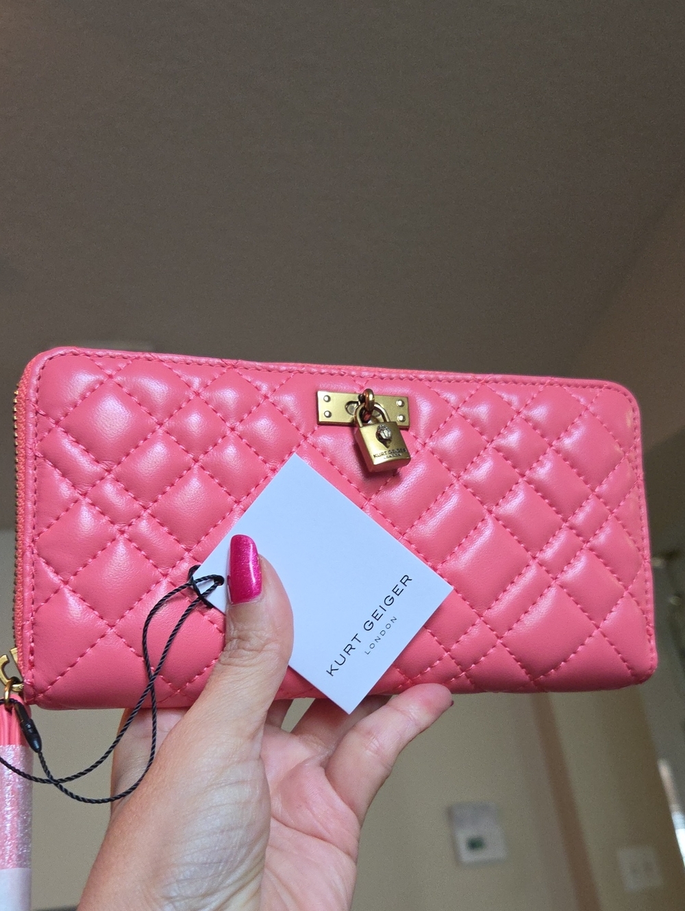 Kurt Geiger Quilted Pink Zip Wallet with Gold Padlock